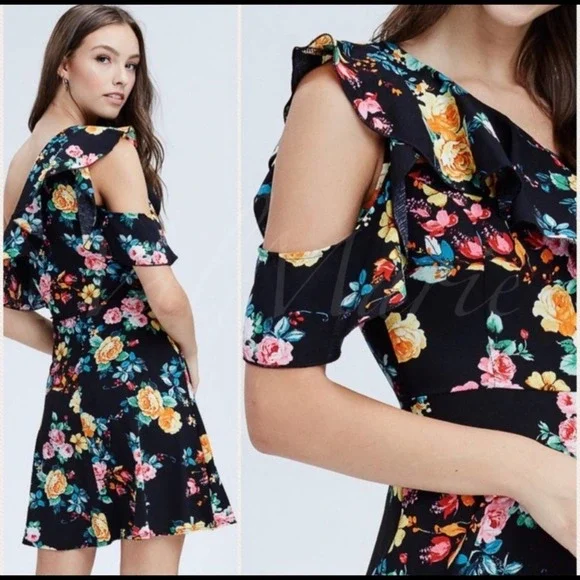 Black Floral Cold Shoulder Women’s Mini Dress - Picture 2 of 2